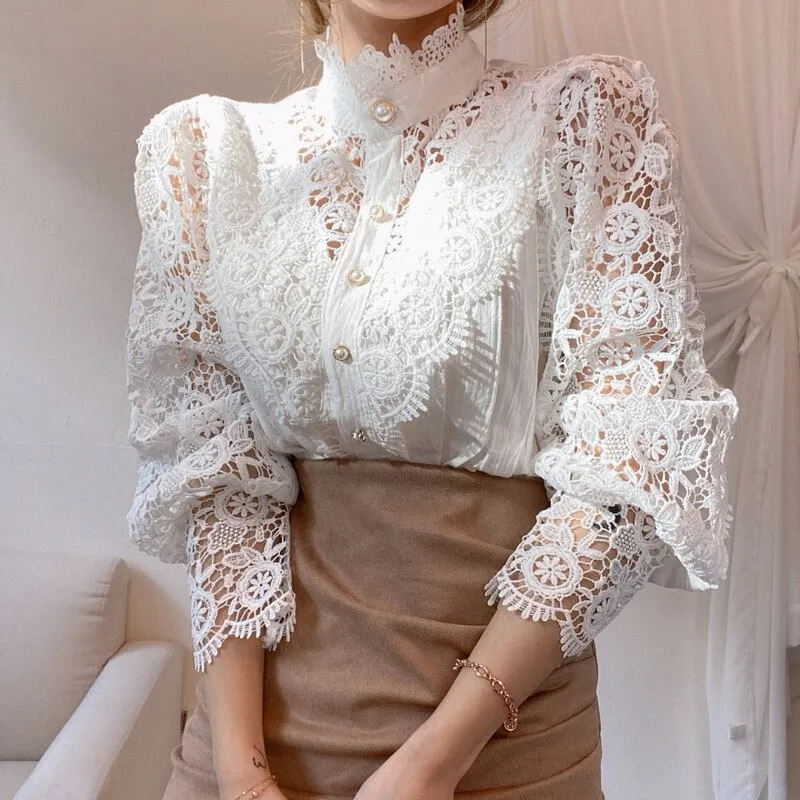 Petal Sleeve Stand Collar Hollow Out Flower Lace Patchwork Shirt Femme Blusas All-match Women Lace Blouse Button White Top 12419
