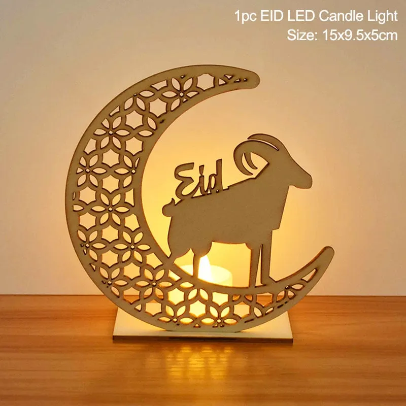 LED Eid Mubarak Wooden DIY Craft Ornament Pendant Islam Muslim Party Home Decoration Al Adha Ramadan Kareem Event Party Supplies