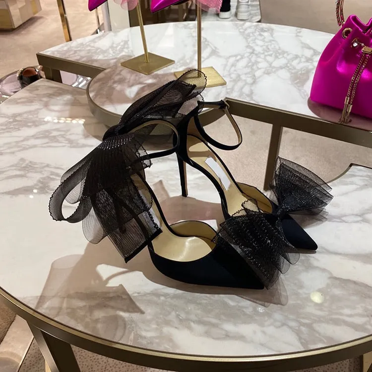 Elegant Single Summer Shoes 2022 Women Elegant Silk Buckle Strap Bowknot Mesh Sandals Pointed Toe Stiletto Heel Marry Jane Shoes