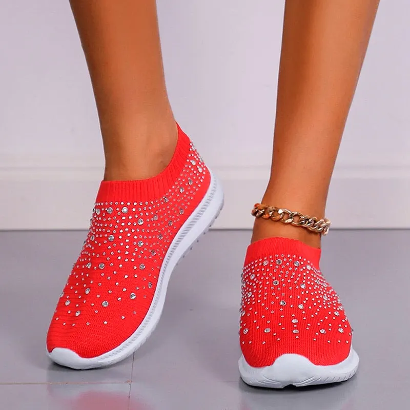 Shining Crystal Flats Shoes For Women Plus Size Breathable Mesh White Sneakers Woman 2022 Spring Summer Soft Sole Sports Shoes
