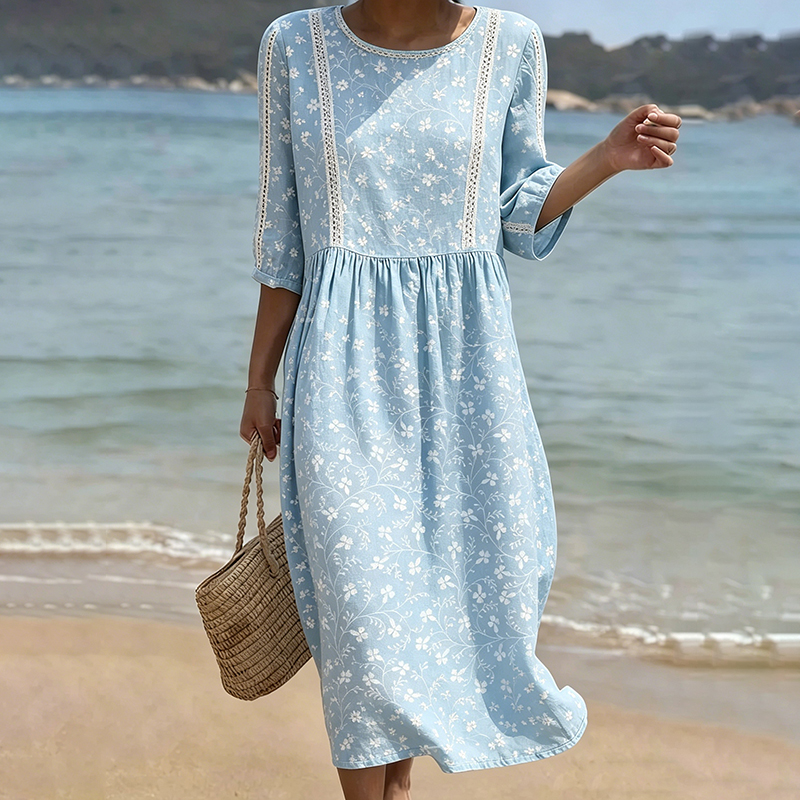 Comstylish Women's Vintage Bohemian Floral Print Casual Linen Dress