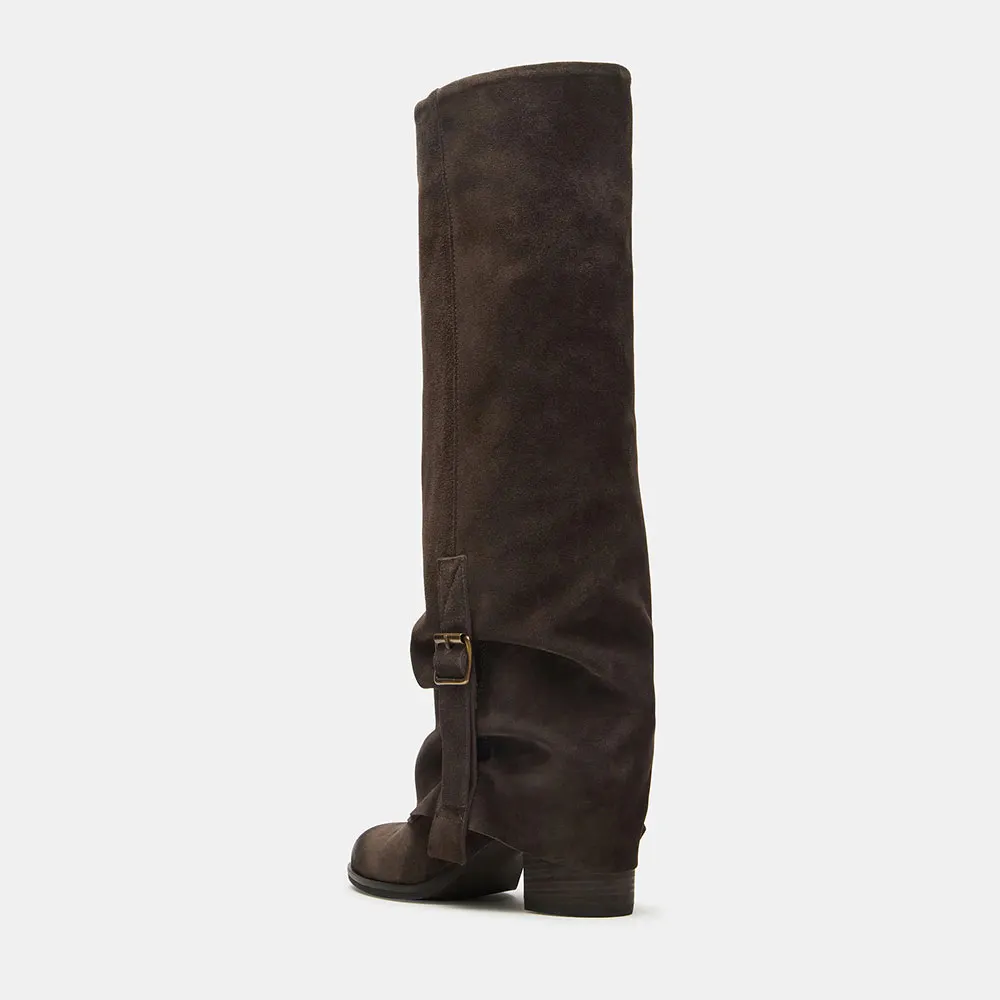 Brown Vegan Suede Round Toe Fold Over Knee High Boots with Buckle