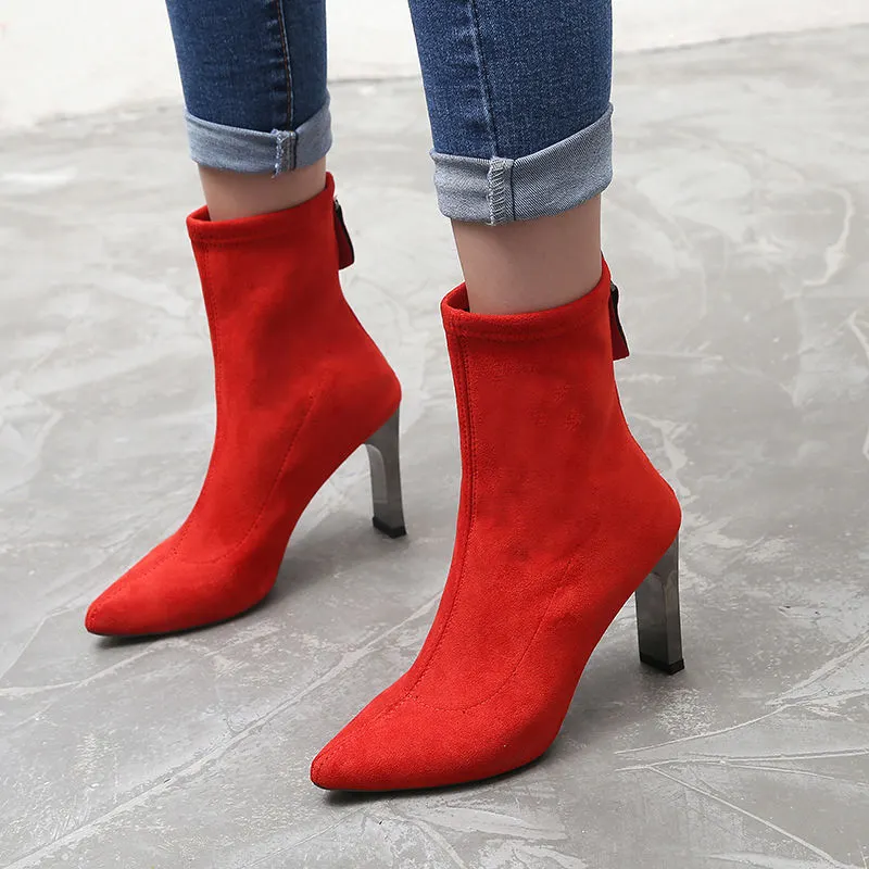 Europea High Heeled Boots Woman Elastic Socks Boots Women's Mid Calf Boots Pointed toes Sexy Booties Chunky Heel Shoes Red