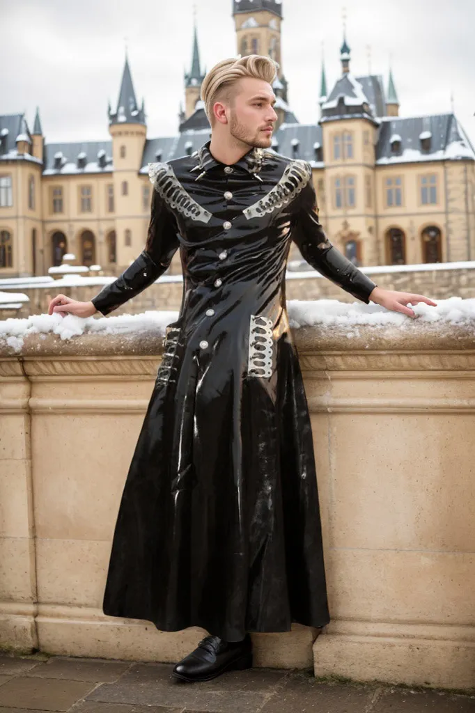 Men Latex Coats Spiked Trench Coat