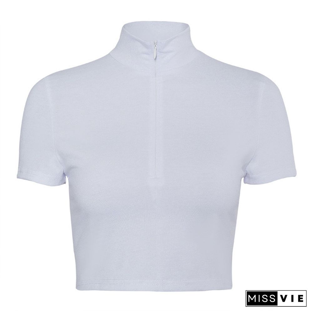 Sexy Women Streetwear Tees Summer Slim Short Sleeve Plain Stretch Zipper Pullover Crop Top Club High Waist T Shirt Purple White