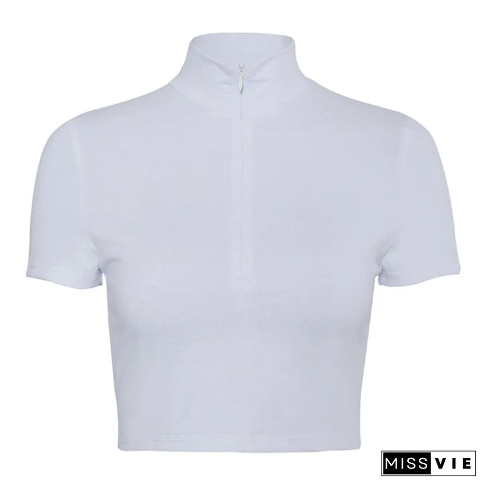 Sexy Women Streetwear Tees Summer Slim Short Sleeve Plain Stretch Zipper Pullover Crop Top Club High Waist T Shirt Purple White