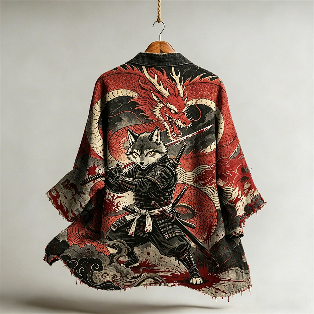 Men's Bloody Samurai Dog & Dragon Japanese Art Linen Kimono elevenforest