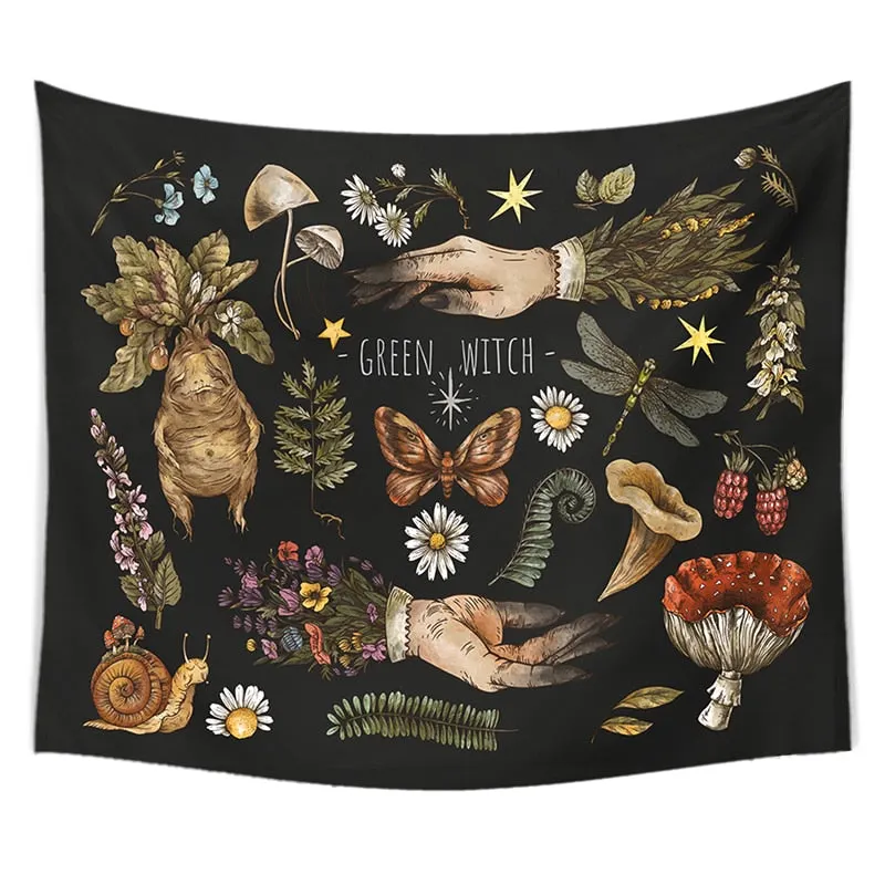 Vintage magic mushrooms Tapestry Wall Hanging witch hands mandrake root mushrooms plants Home Decor Decoration Mural Decor