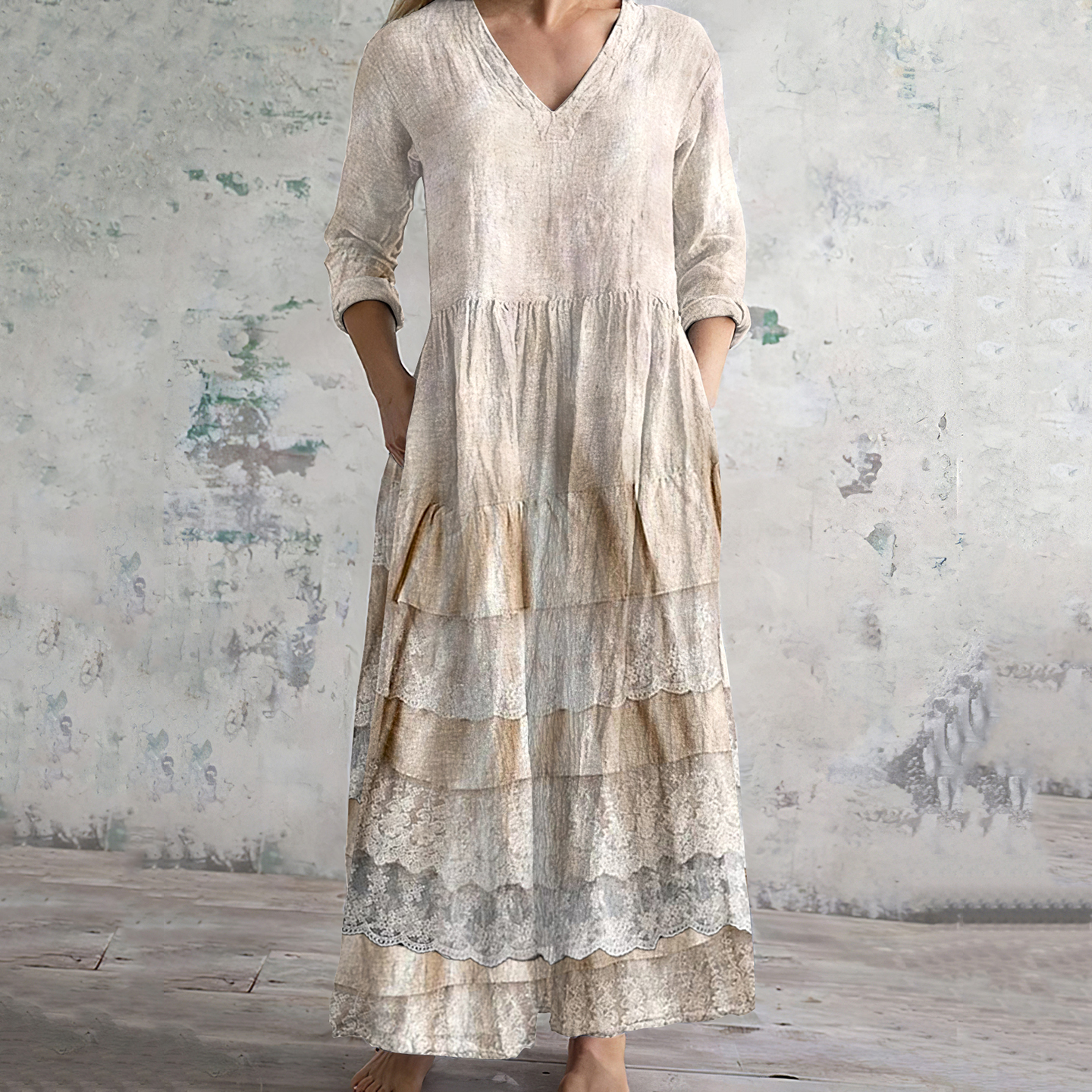 Comstylish Vintage Embroidered Lace Art Women's Linen Dress