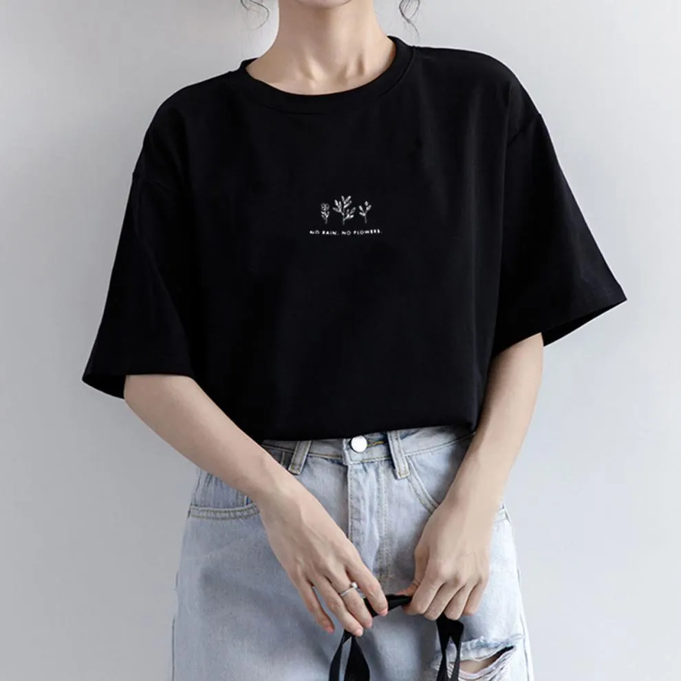 Brownm Brownm Sleeve Korean Round Collar T-Shirt Female 2024 Summer Loose Plant Print Casual Solid Color Student Half Sleeve Top Tide
