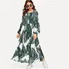 SHEIN Multicolor Tropical Print Bishop Sleeve Smock Dress Modest High Waist Round Neck Long Sleeve 2019 Spring Abaya Dresses