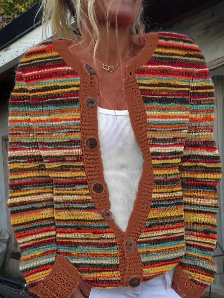 Women's Retro Stripes Print Causal Cardigan 