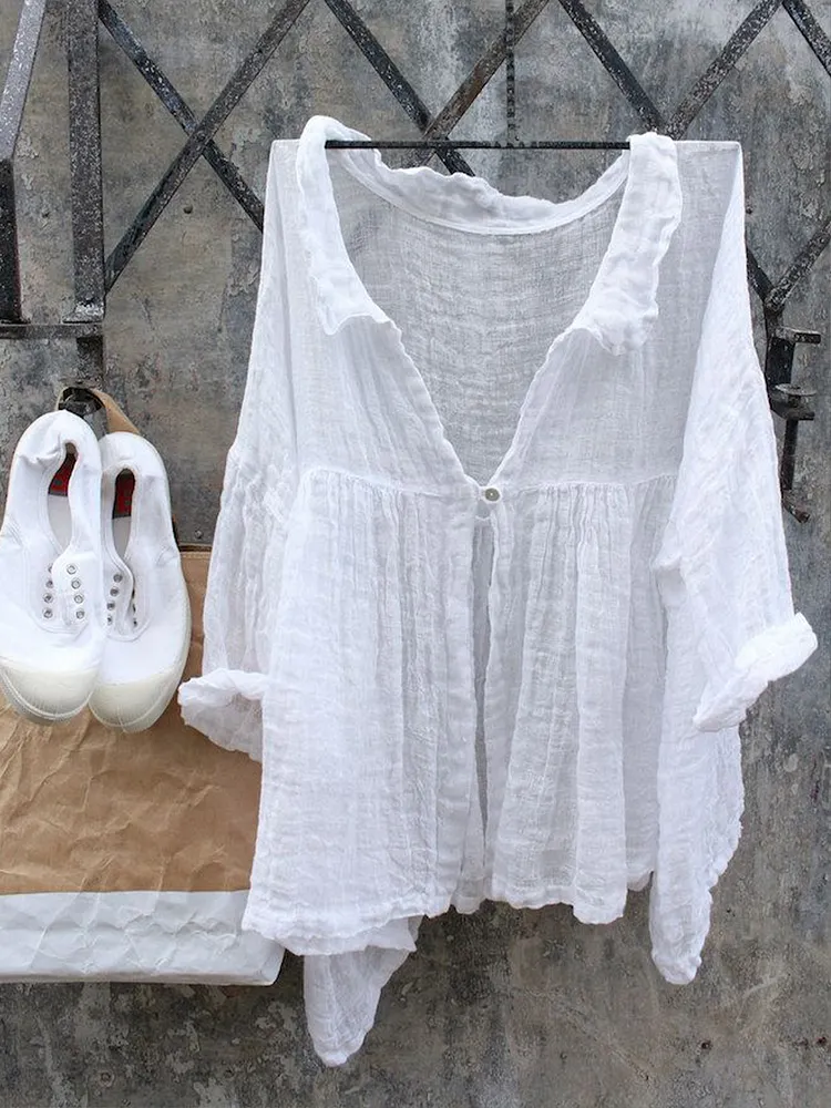 Women's Simple Solid Color Irregular Hem Linen Shirt