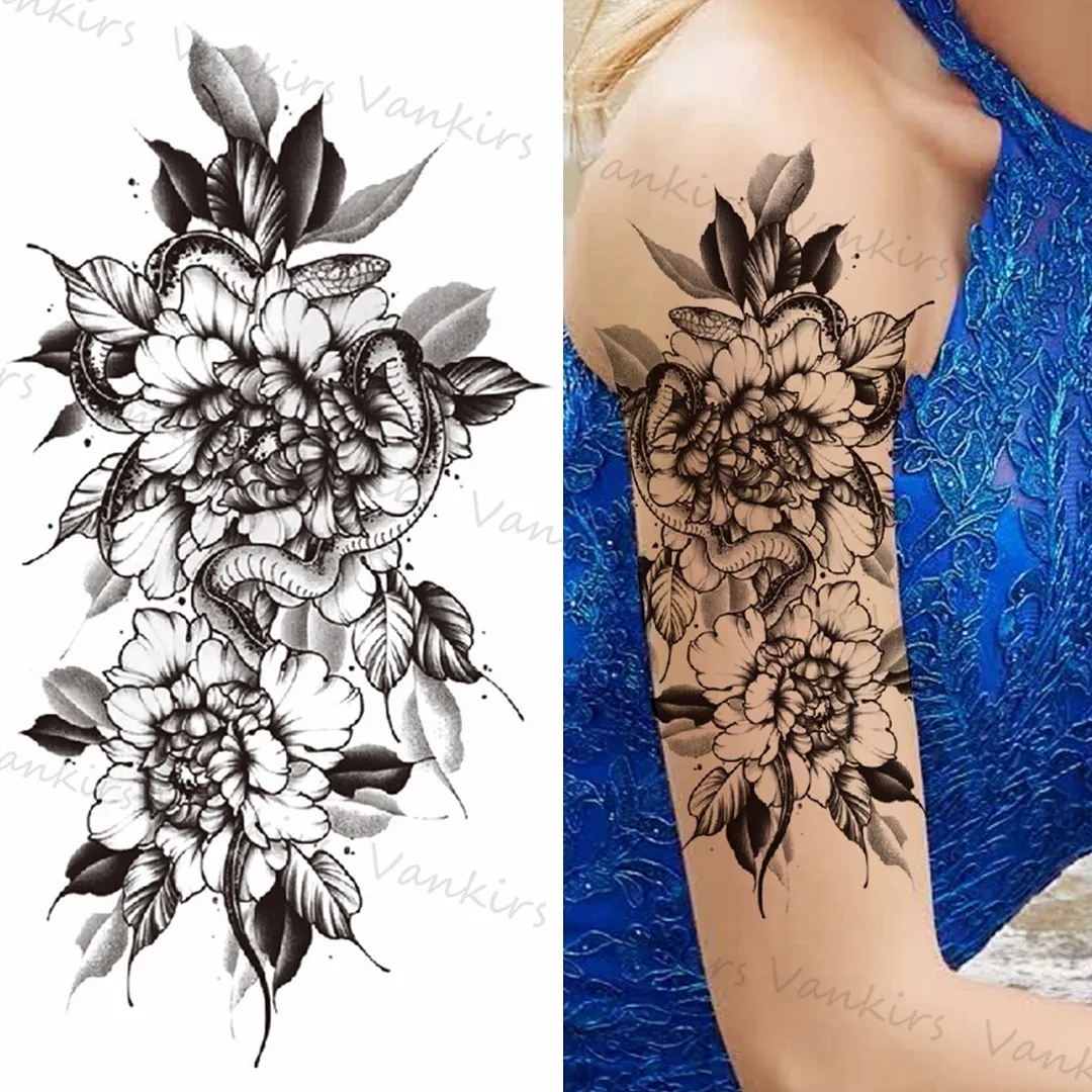 Sdrawing Skeleton Snake Flower Temporary Tattoos For Women Girls Realistic Snake Wolf Tribal Fake Tattoo Sticker Arm Waist Tatoo 3D