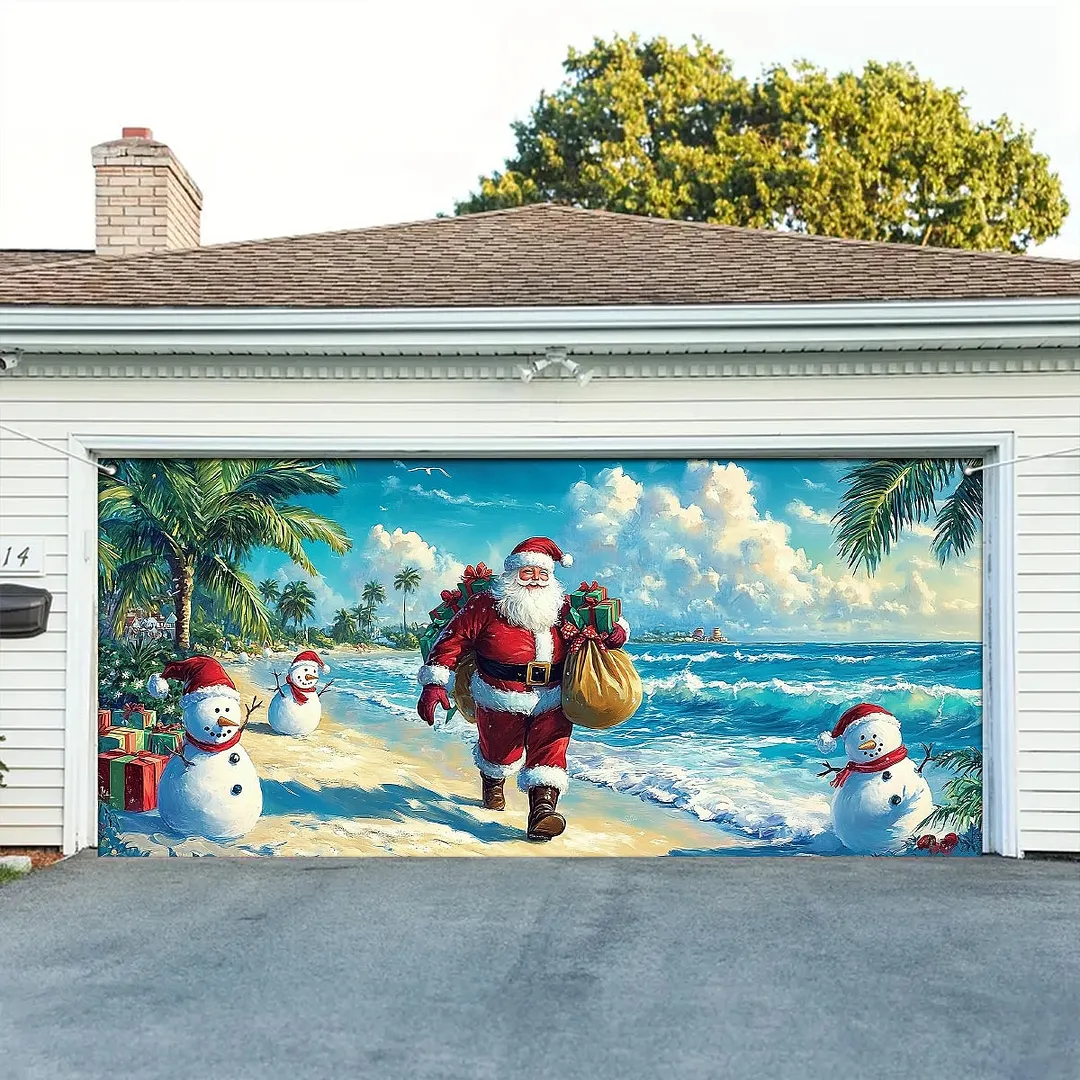 Garage Door Banner Decoration - Tropical Christmas Santa&rsquo;s Beachside Holiday with Snowmen