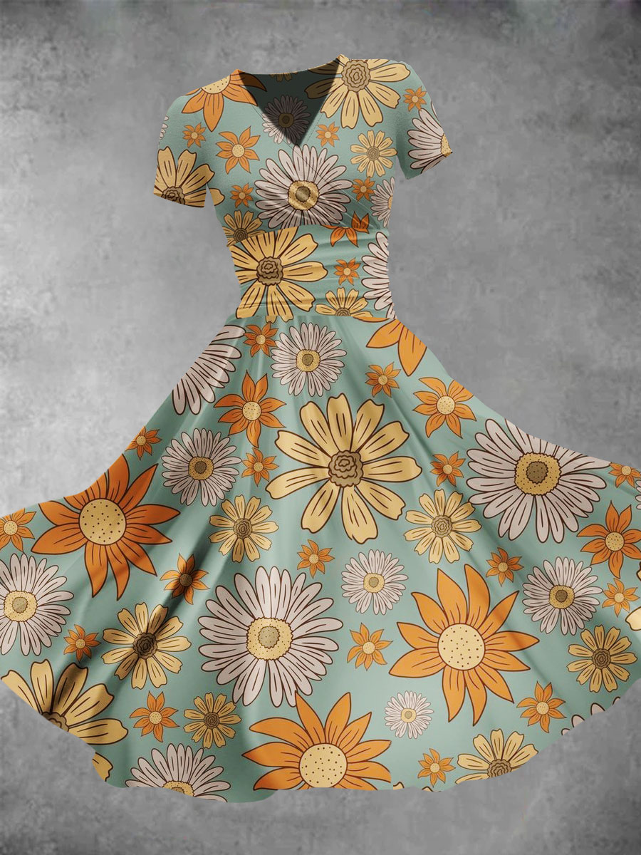 Women's Vintage Stamens Daisies Print Maxi Dress