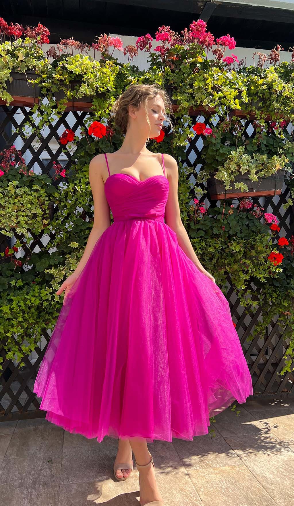 Fashionslee WomenPleats Spaghetti Straps Midi Dress In Hot Pink