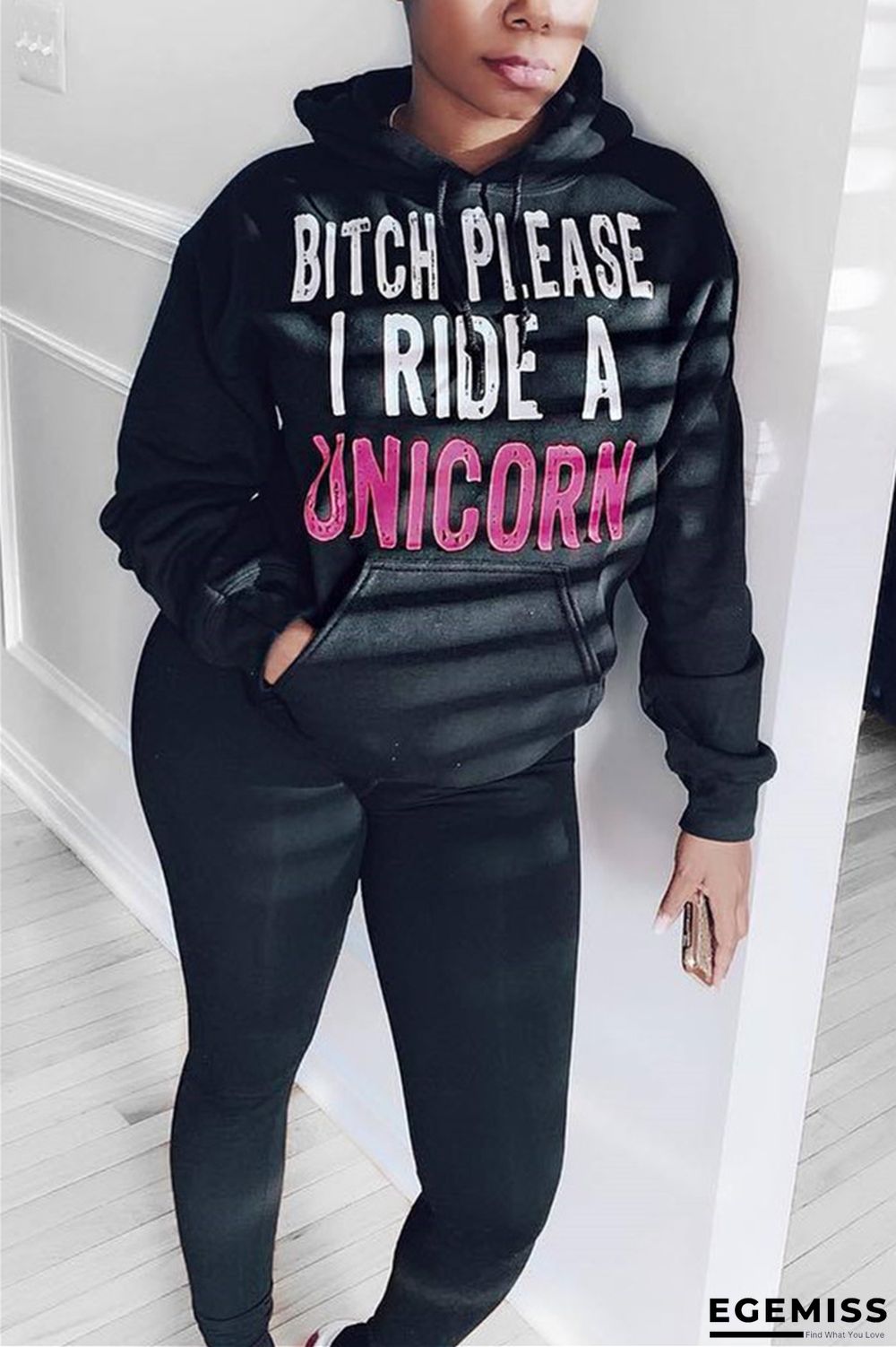 Black Fashion Casual Adult Letter Letter Hooded Collar Long Sleeve Regular Sleeve Regular Two Pieces | EGEMISS