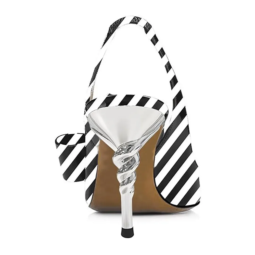 Black & White Stripe Print Sculptural Heel Bow Slingback Pumps