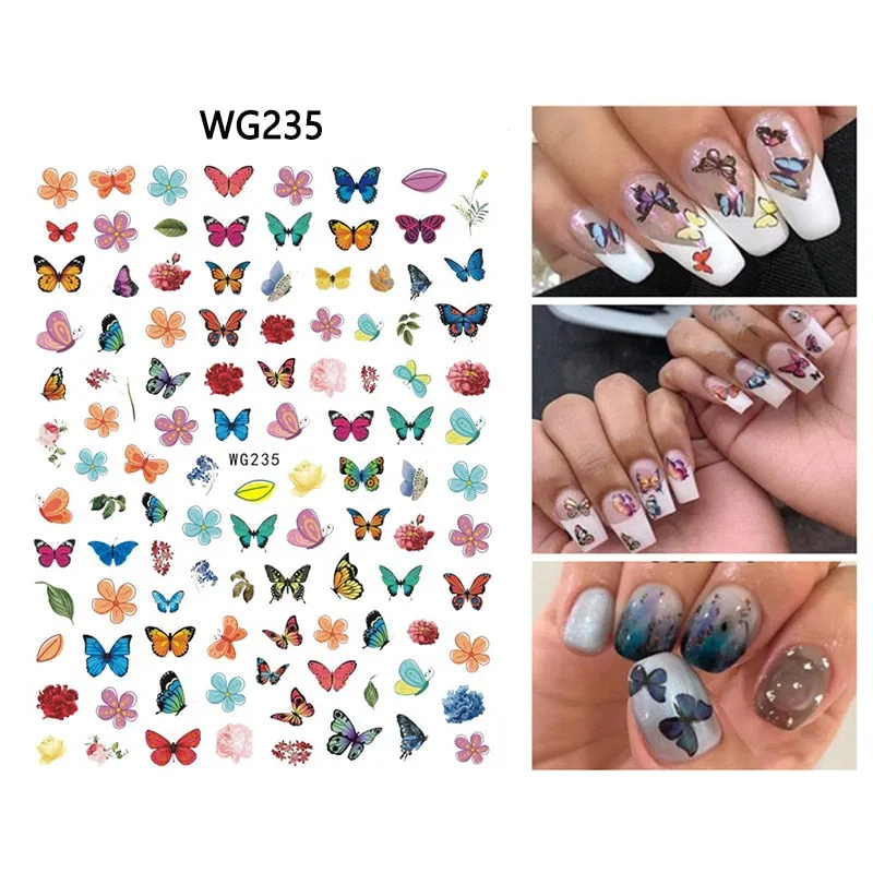 1pc Holographic Blue Nail Stickers Pink Colorful Butterfly Art Sticker With Adhesive DIY Extension Flowers Rose Nail Decoration-Nail Inspo