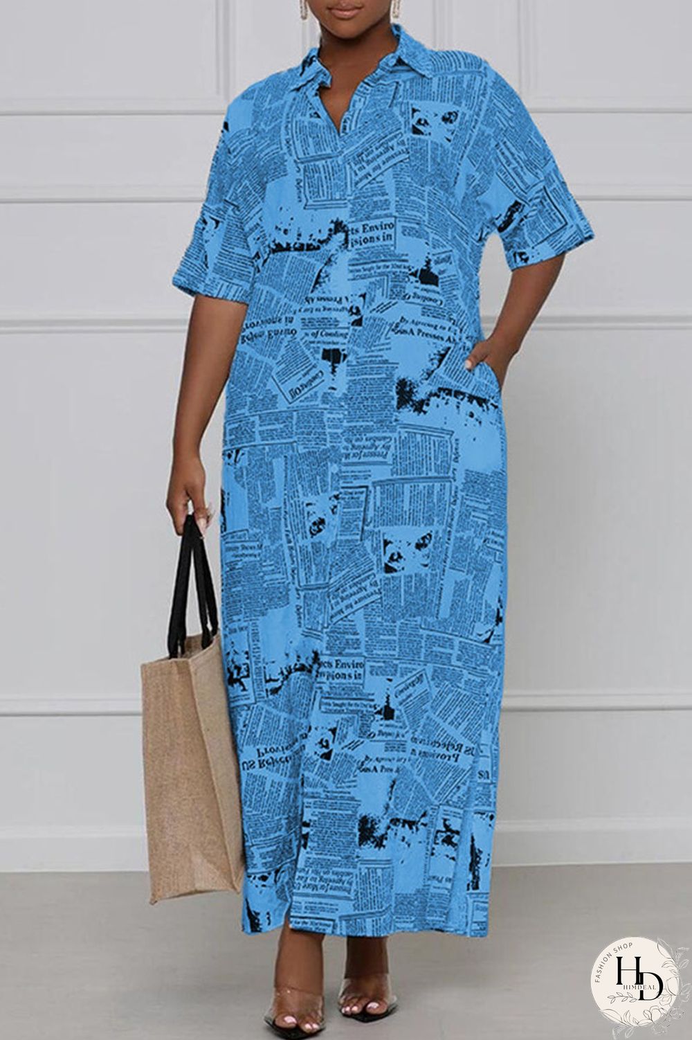 White Casual Print Split Joint Turndown Collar Shirt Dress Dresses