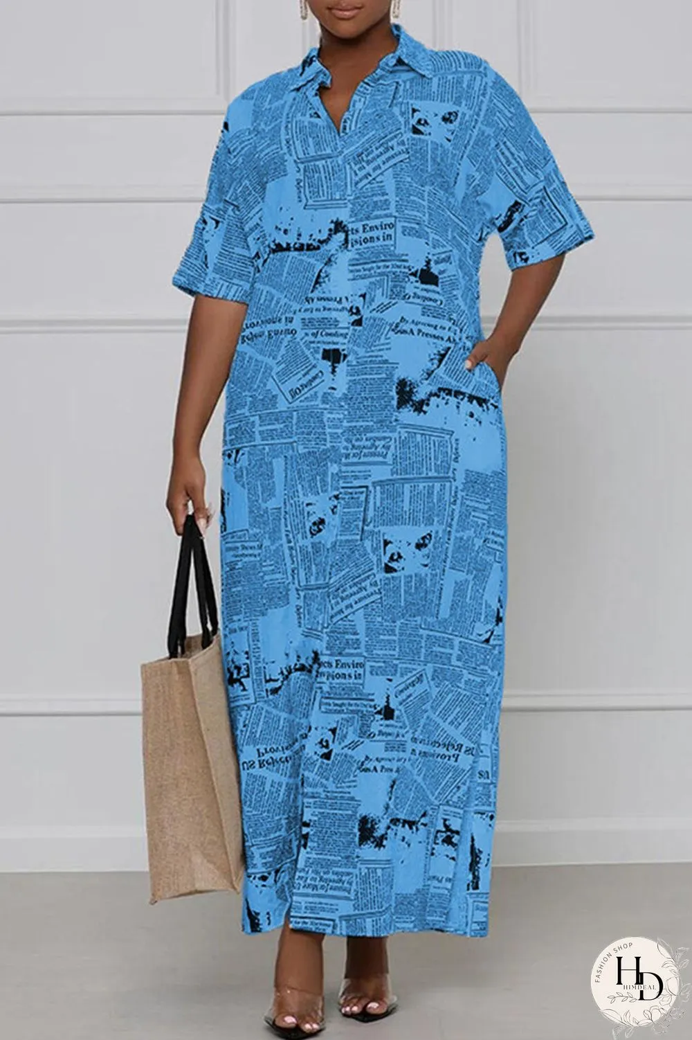White Casual Print Split Joint Turndown Collar Shirt Dress Dresses