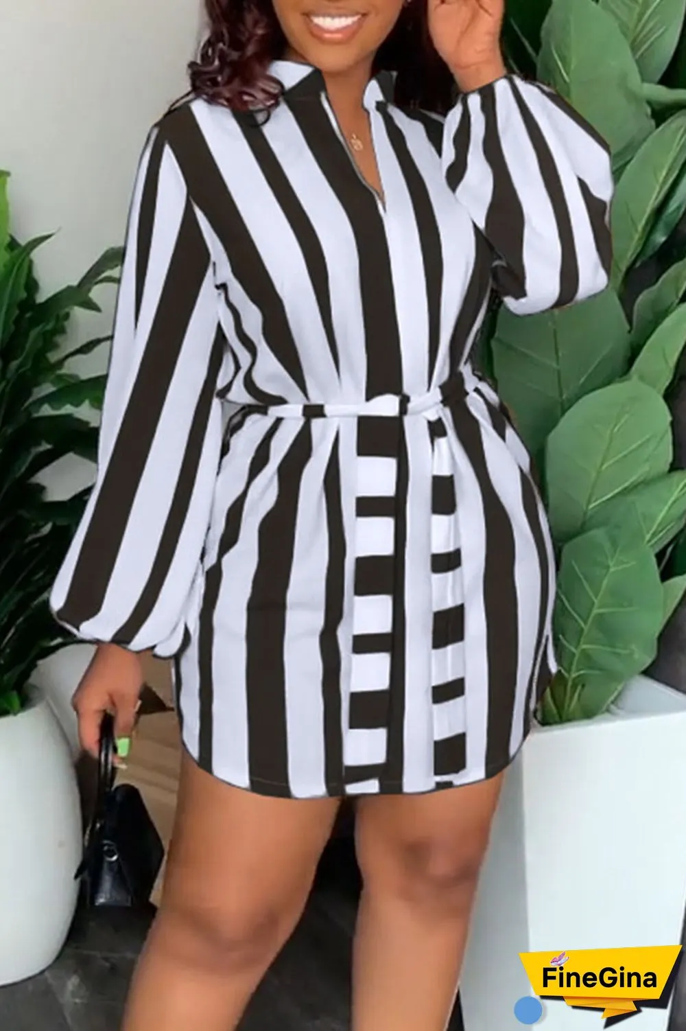 Brown Fashion Casual Striped Print Bandage Patchwork With Belt V Neck Straight Dresses