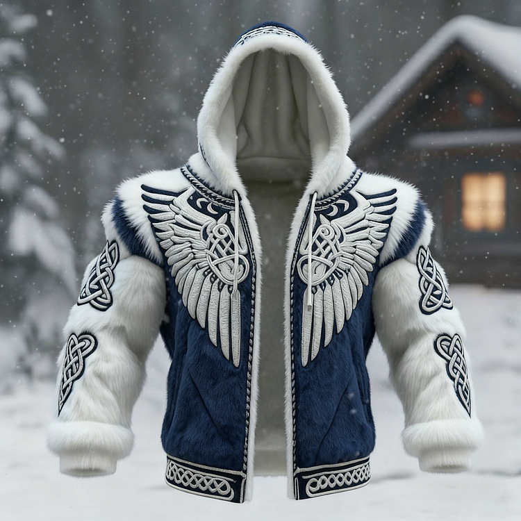 Men's Viking Tribal Jacquard Celtic With Wings Inspired Art Plush Warm Zipped Hooded Jacket