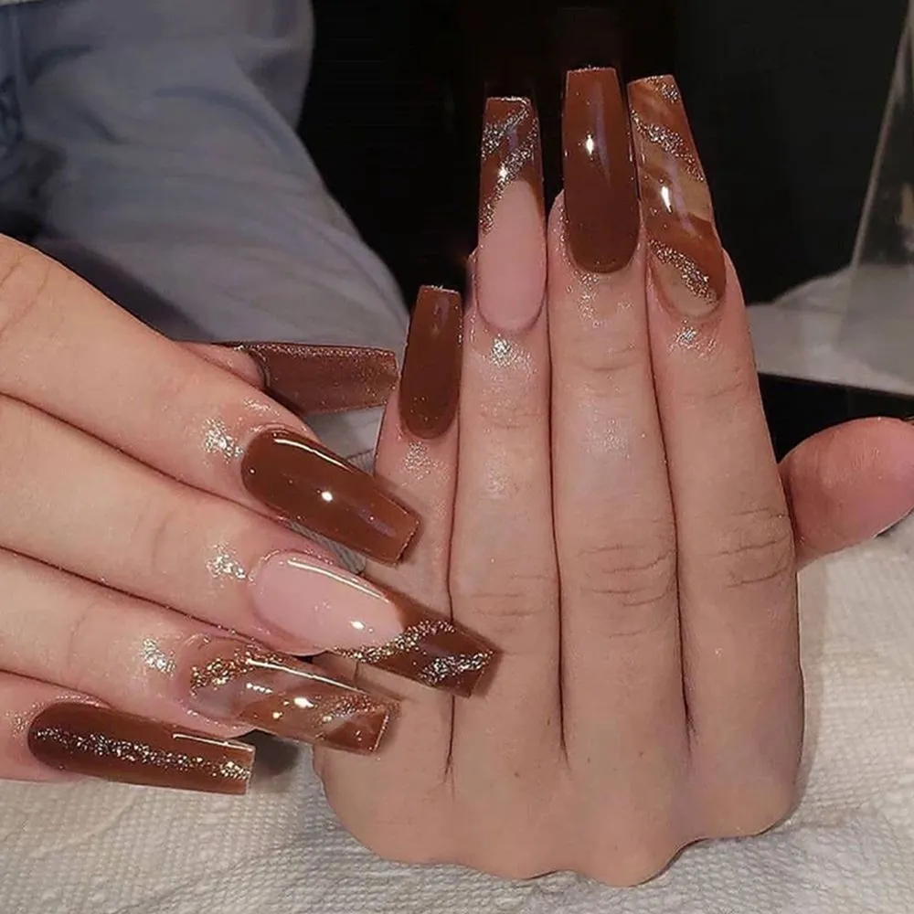 Detachable Marble Gradient Long Coffin False Nails Wearable Gold Foil Ballerina Fake Nails Full Cover Nail Tips Press On Nails