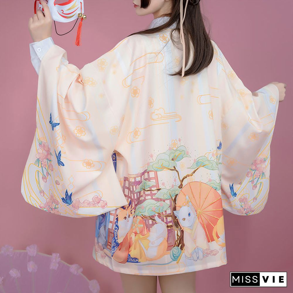 Cartoon Cat Print Loose Cardigan Kimono Outerwear