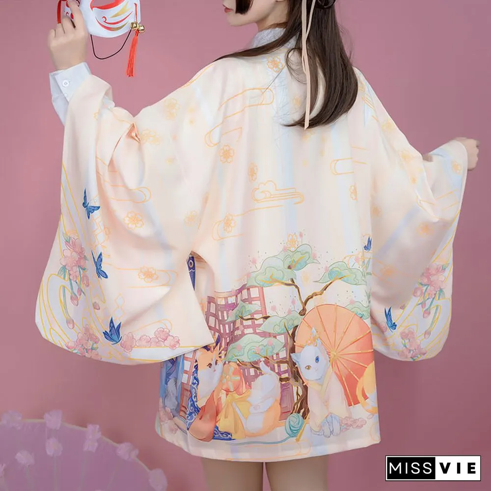 Cartoon Cat Print Loose Cardigan Kimono Outerwear