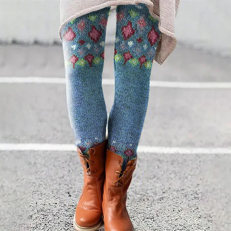 Contrast Diamond Knit Pattern Printed Leggings
