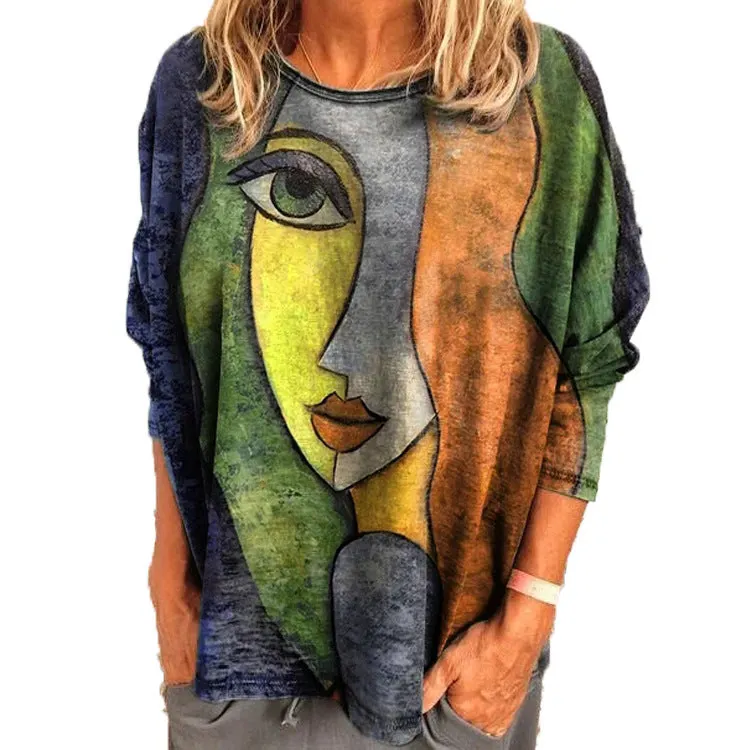 Brownm Size Women's Printing Print Long Sleeve Loose T-shirt