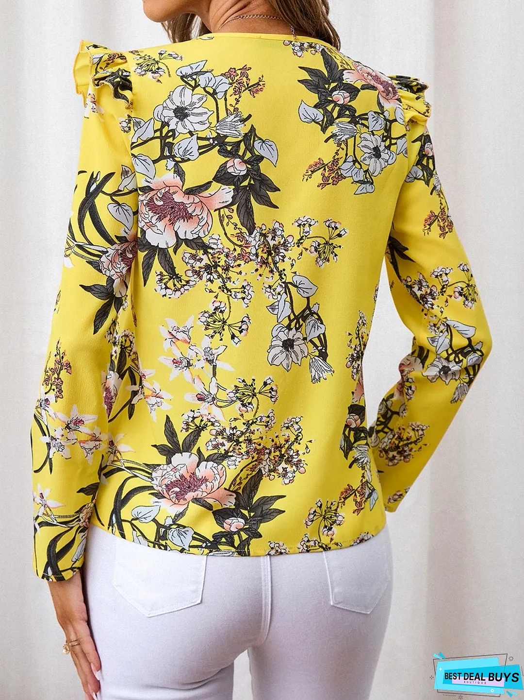 Ruffled Printed V-Neck Long Sleeve Blouse