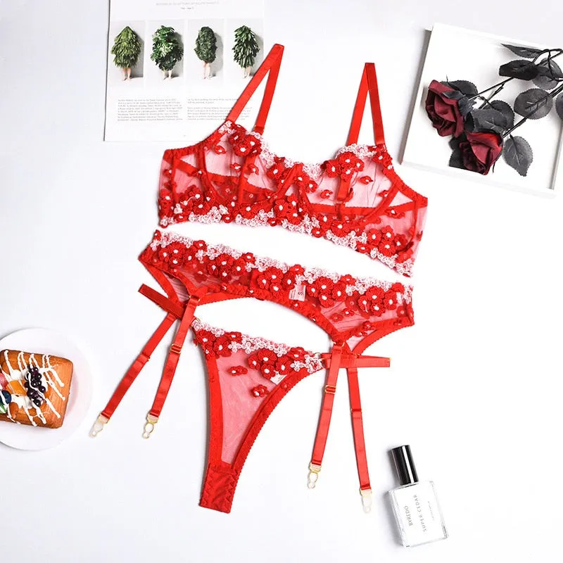 Yimunancy Lingerie Floral Embroidered Bra Set, 3-Piece Female Transparent Bra + Panties, Sexy Underwear, Underwear Set