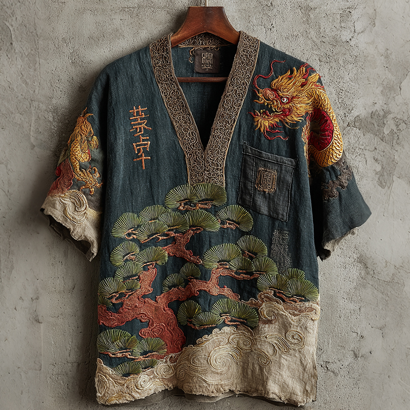 Retro Japanese-style Pine And Dragon Print Casual V-neck Shirt elevenforest