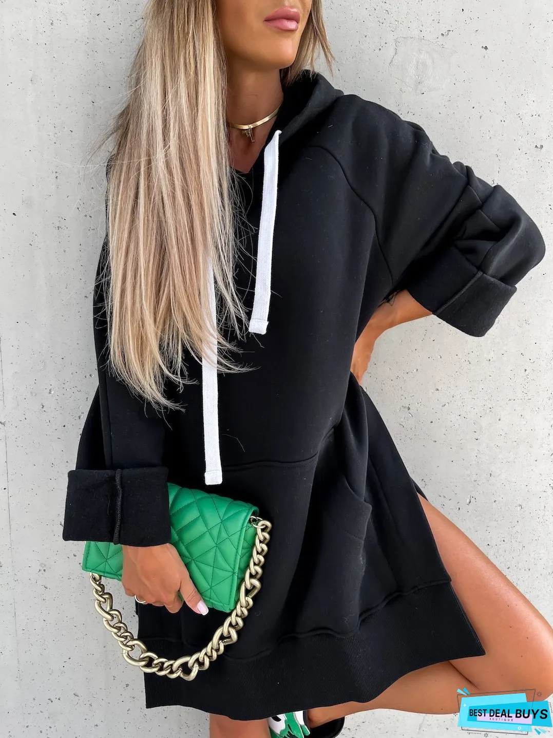 Pocket Long Sleeve Drawstring Hooded Slit Dress