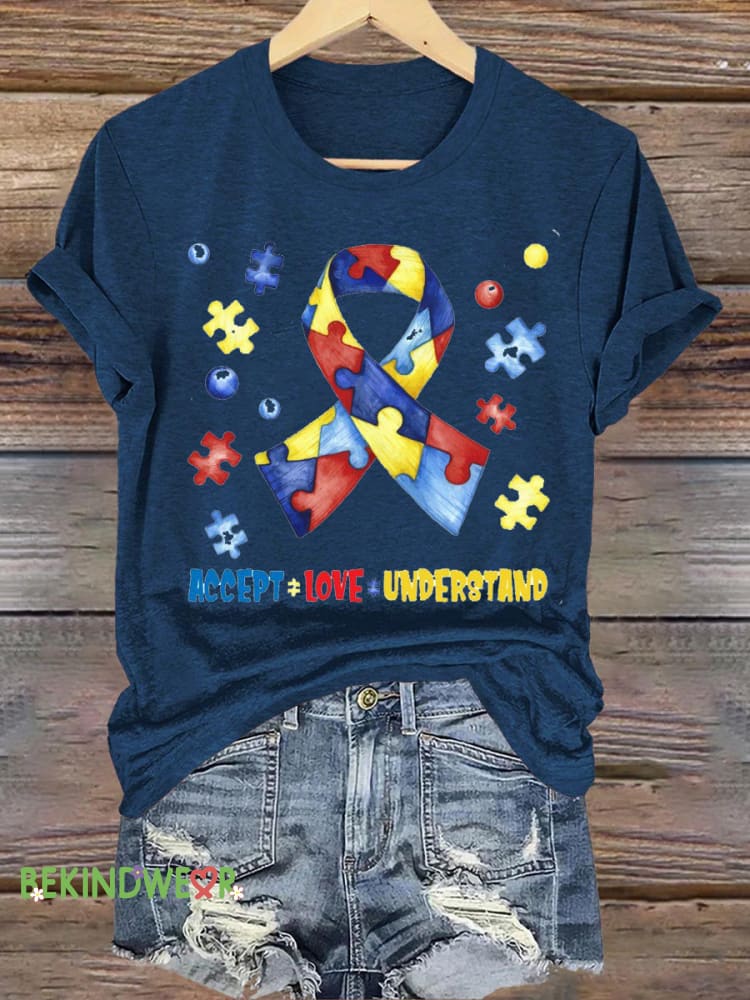Accept Love Understand Autism Puzzle Ribbon Print Casual Round Neck Short Sleeve T-Shirt NavyBlue / S