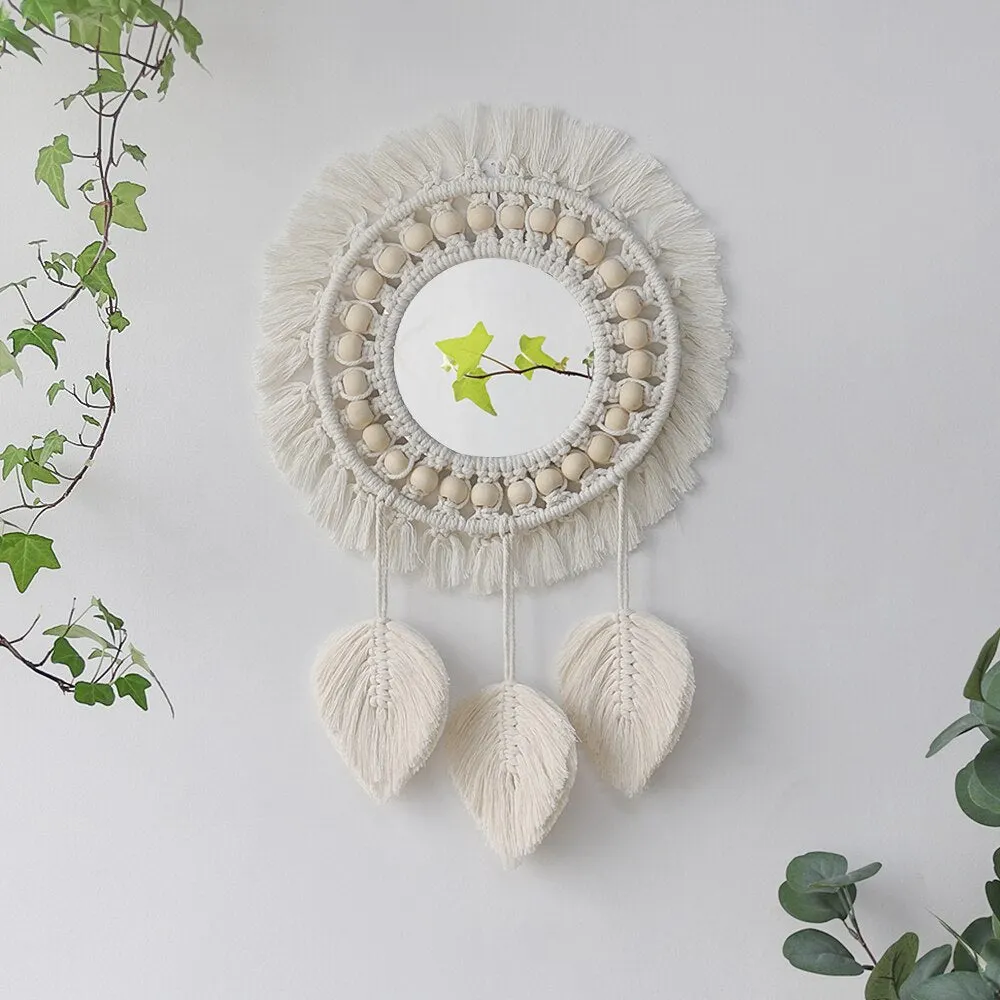 Boho Mirror Home Decor Aesthetic Macrame Wall Hanging Decorative Wall Mirrors For Apartment Livingroom Bedroom Room Decoration