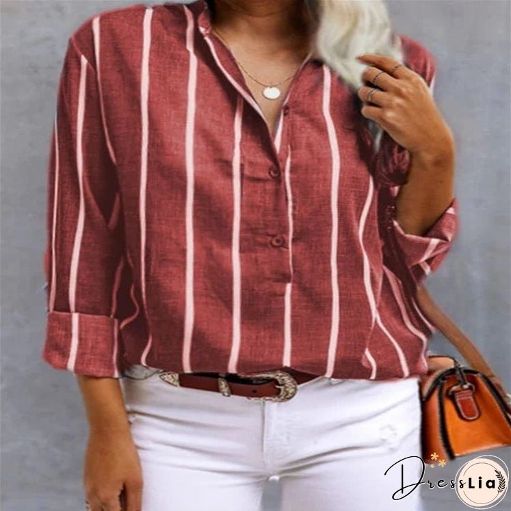 Women's Summer Shirt Striped Half Long Sleeve Blouses