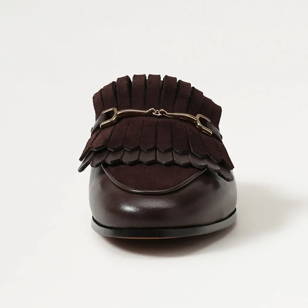 Chic Brown Round Toe Fringe Slip On Snaffle Buckle Flat Mules