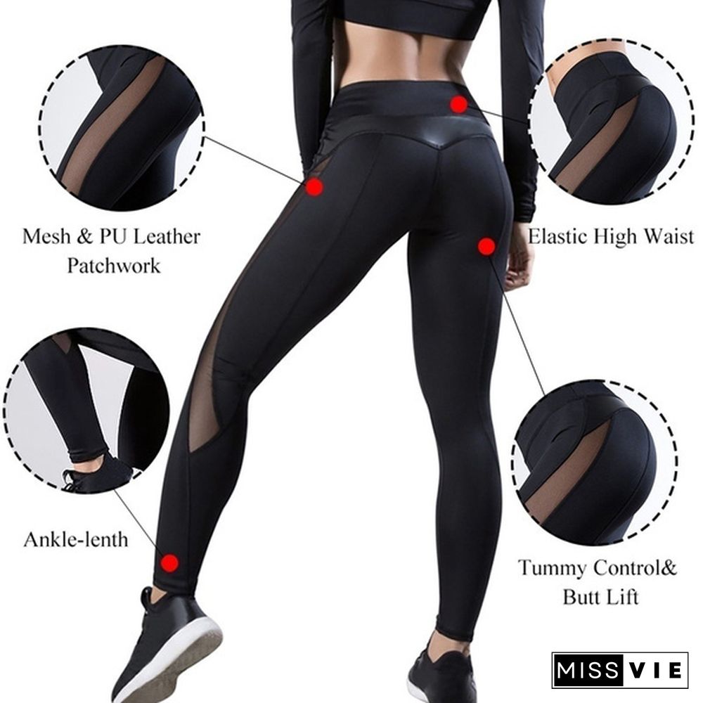 Fashion Women's Stretchy Mesh & Leather Patchwork High Waist Tummy Control Sport Yoga Running Pants GYM Fitness Leggings