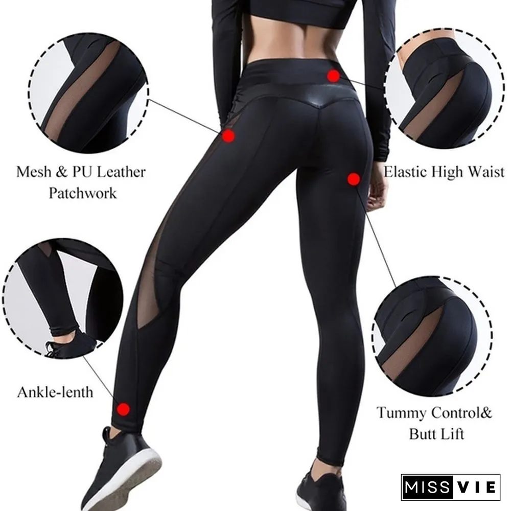 Fashion Women's Stretchy Mesh & Leather Patchwork High Waist Tummy Control Sport Yoga Running Pants GYM Fitness Leggings