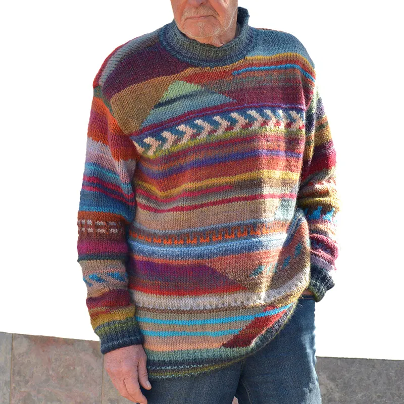Retro Warm Colorful Knitted Jacquard Iceland Crew Neck Sweater