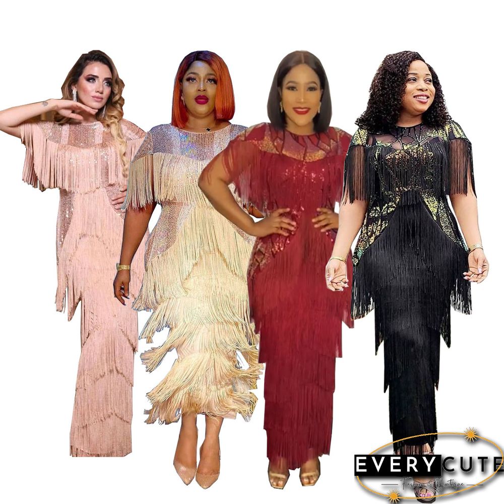 Women Summer Sexy Fringed Embellished Bodycon Celebrity Evening Dress Short Sleeve Fringe Tassel Club Party Dress Vestidos