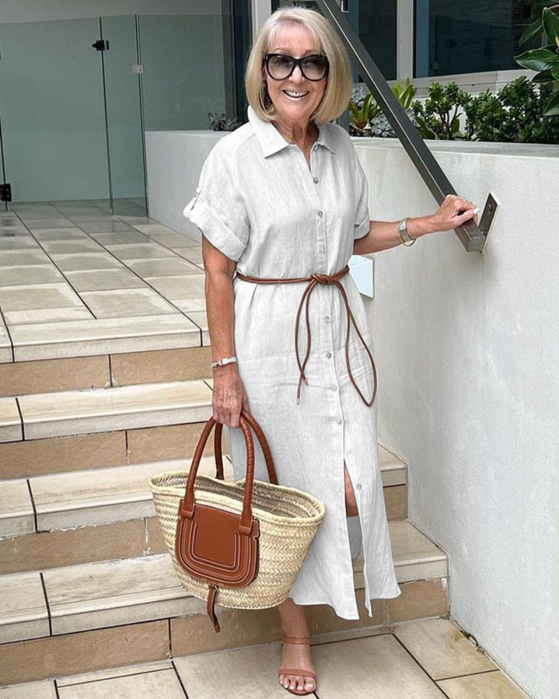 Single-Breasted Lace up Short Sleeve Shirt Long Dress