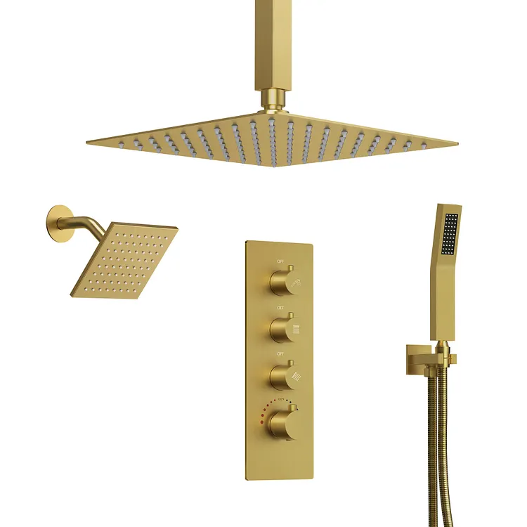 EVERSTEIN Rainfall Three Heads Shower System in Brushed Gold SFS-1061-GD16