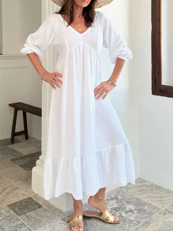 Women's Cotton And Linen V-Neck High Waist Solid Color Dress