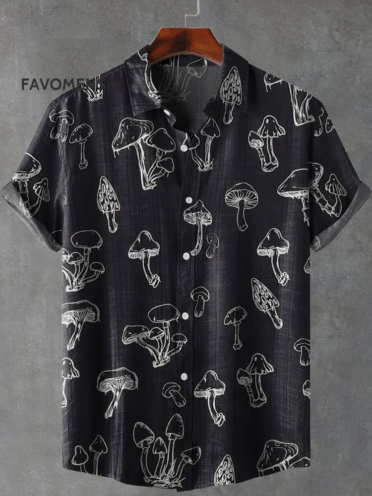 Mushroom Art Print Lapel Casual 100% Cotton Shirt Multicolor / S