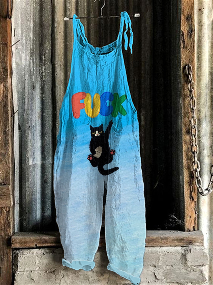 Japanese Art Funny Cats Print Cotton Blend Jumpsuit